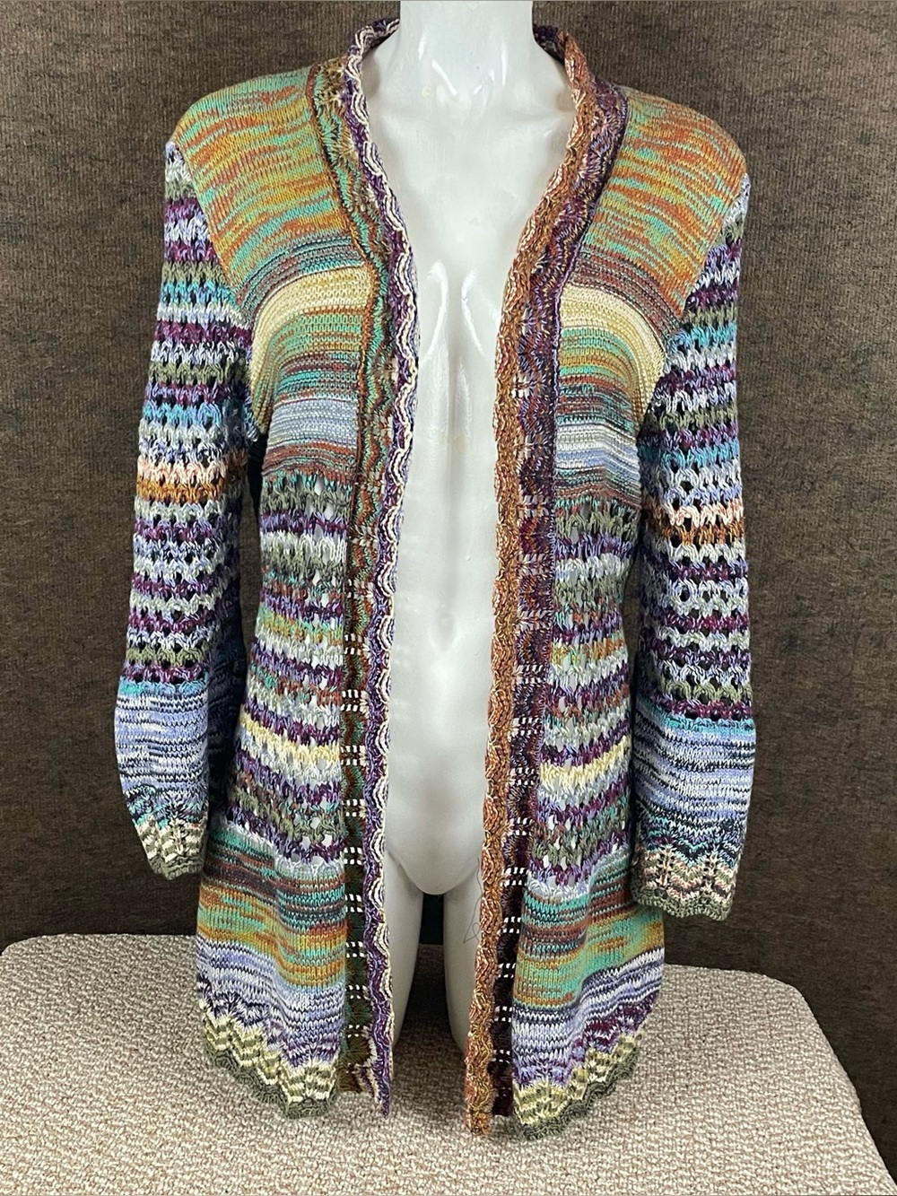 Ali Miles Cardigan Sweater Women’s Medium Open Front Boho Crochet Knit  F364